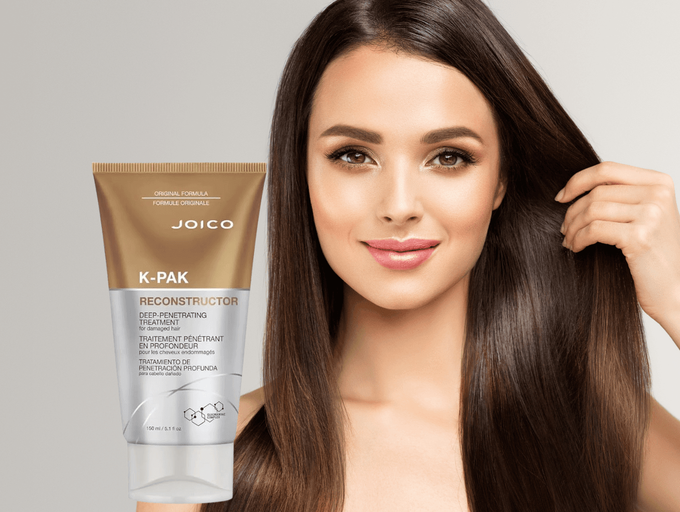 Woman with sleek, healthy brunette hair following a Super Deluxe Joico K-Pak treatment at Cruz Hairworks