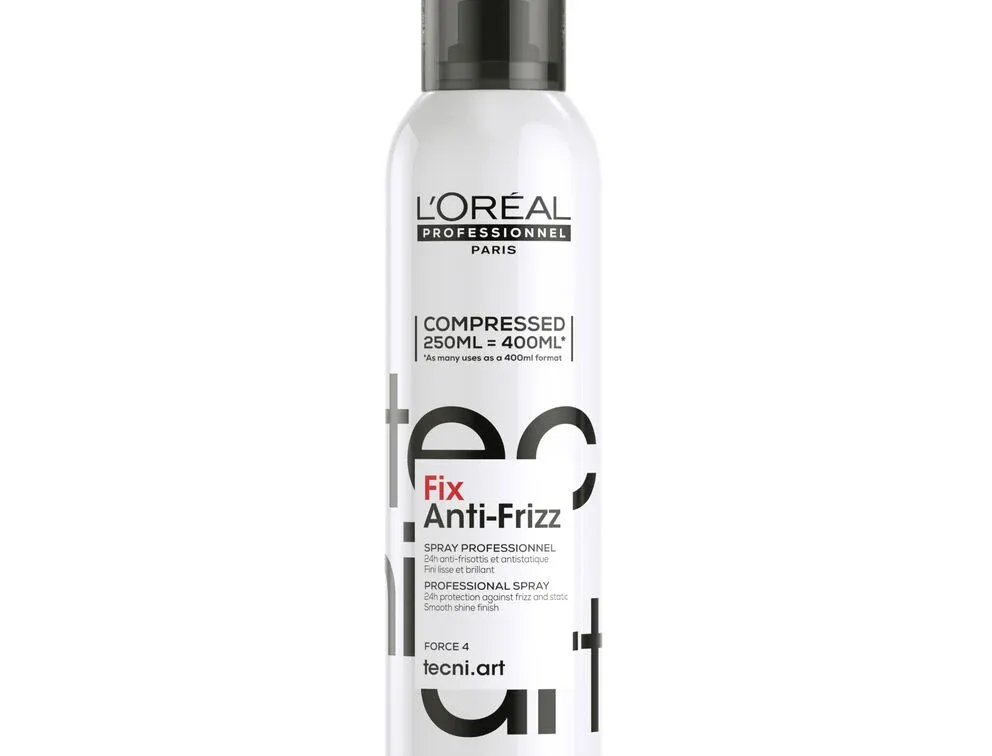 L’Oréal Professionnel Tecni.Art Fix Anti-Frizz Spray 250ml – professional hairspray providing 24-hour anti-frizz protection and smooth, shiny finish.