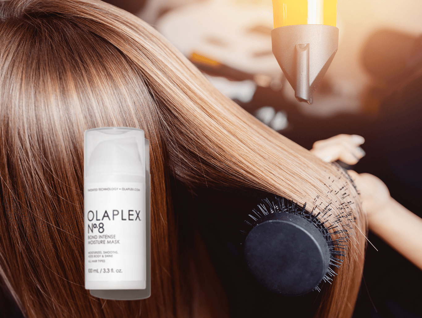 Hair being smoothed with a round brush during a blowdry, paired with Olaplex No.8 for restored strength, shine, and hydration at Cruz Hairworks